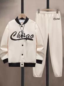 SHEIN Boys Letter Graphic Bomber Jacket & Joggers Set - Apricot - View 1