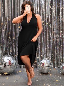 Celure Plus Plunge Neck Backless Dress - Black - View 5