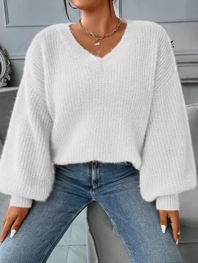 Calvaya Plus Lantern Sleeve Ribbed Knit Sweater, For Winter Knit Pullover Fall Outfit