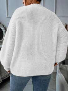 Calvaya Plus Lantern Sleeve Ribbed Knit Jumper - White - View 2