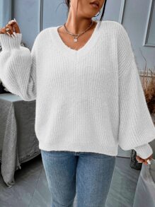 Calvaya Plus Lantern Sleeve Ribbed Knit Jumper - White - View 4