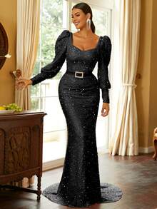 Missord 雞心領口燈籠袖水鑽細節魚尾裙下擺亮片正式洋裝 - 黑色 - 查看 6