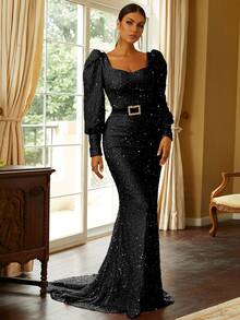 Missord 雞心領口燈籠袖水鑽細節魚尾裙下擺亮片正式洋裝 - 黑色 - 查看 7