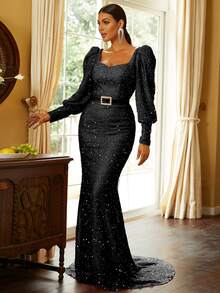 Missord 雞心領口燈籠袖水鑽細節魚尾裙下擺亮片正式洋裝 - 黑色 - 查看 8