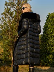 ZIAI Fuzzy Hooded Belted Padded Coat - Black - View 2