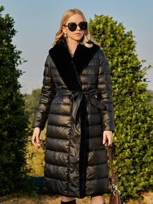 ZIAI Fuzzy Hooded Belted Padded Coat - Black - View 3