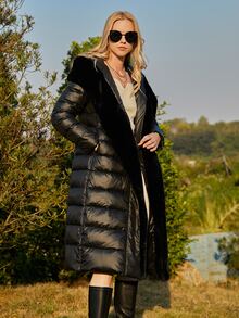 ZIAI Fuzzy Hooded Belted Padded Coat - Black - View 5