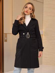 ZIAI Double Breasted Grommet Belted Padded Coat - Black - View 1