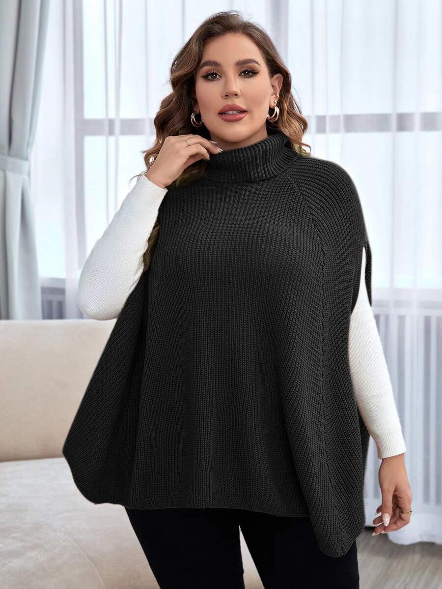 SHEIN LUNE Áo len Plus Size màu trơn Giải trí - màu đen - Xem 1