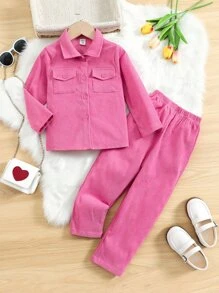 SHEIN 小女童翻蓋口袋燈芯絨襯衫和褲子