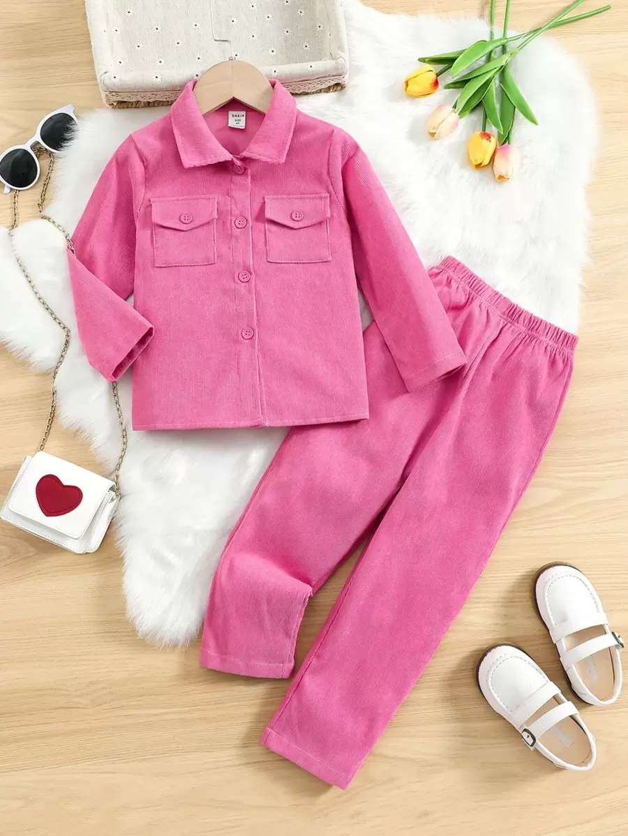 SHEIN 小女童翻蓋口袋燈芯絨襯衫和褲子