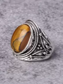 1 pieza Anillo de aleación chapado con piedra de ojo de tigre vintage, disponible en múltiples colores