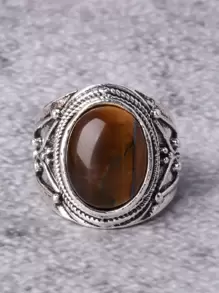 1 pieza Anillo de aleación chapado con piedra de ojo de tigre vintage, disponible en múltiples colores