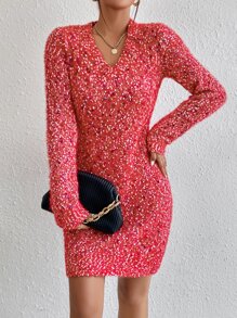 SHEIN Essnce V Neck Marled Knit Jumper Dress - Red - View 3