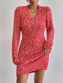 SHEIN Essnce V Neck Marled Knit Jumper Dress - Red - View 6