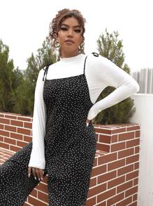 SHEIN EZwear Plus Knot Shoulder Polka Dot Cami Jumpsuit Without Tee, Summer - Black - View 3