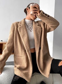 SHEIN Unity Lapel Neck Double Button Teddy Coat - Camel - View 2