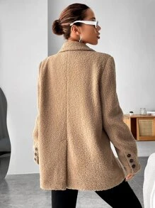 SHEIN Unity Lapel Neck Double Button Teddy Coat - Camel - View 3