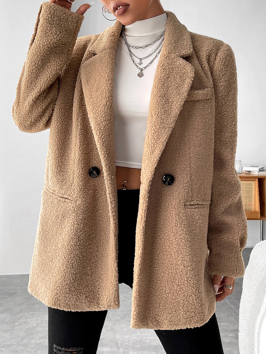SHEIN Unity Lapel Neck Double Button Teddy Coat - Camel - View 1