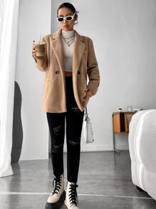 SHEIN Unity Lapel Neck Double Button Teddy Coat - Camel - View 4