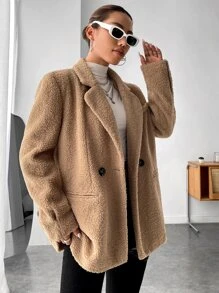 SHEIN Unity Lapel Neck Double Button Teddy Coat - Camel - View 5