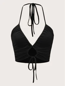 SHEIN ICON 鏤空抽繩後背繫帶繞頸短上衣 - 黑色 - 查看 1