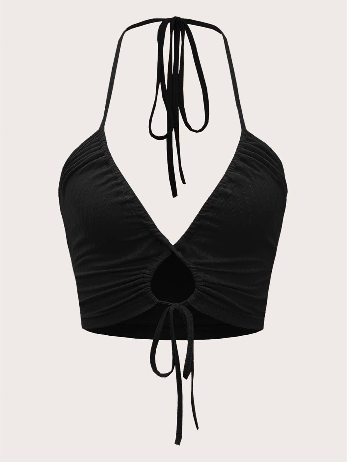 SHEIN ICON 鏤空抽繩後背繫帶繞頸短上衣 - 黑色 - 查看 1