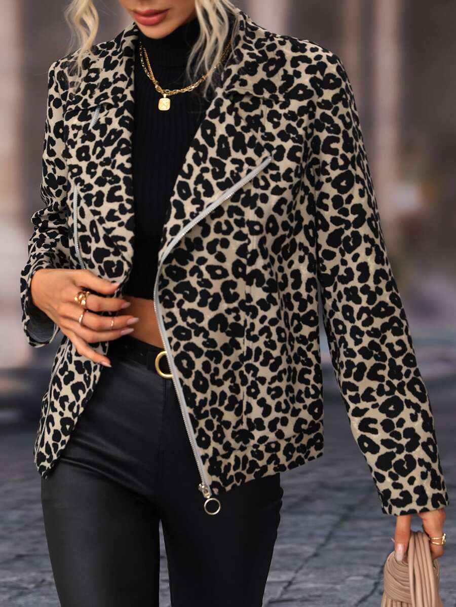 SHEIN LUNE Leopard Print Lapel Collar Zip Up Jacket - Multicolor - View 1