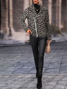 SHEIN LUNE Leopard Print Lapel Collar Zip Up Jacket - Multicolor - View 6