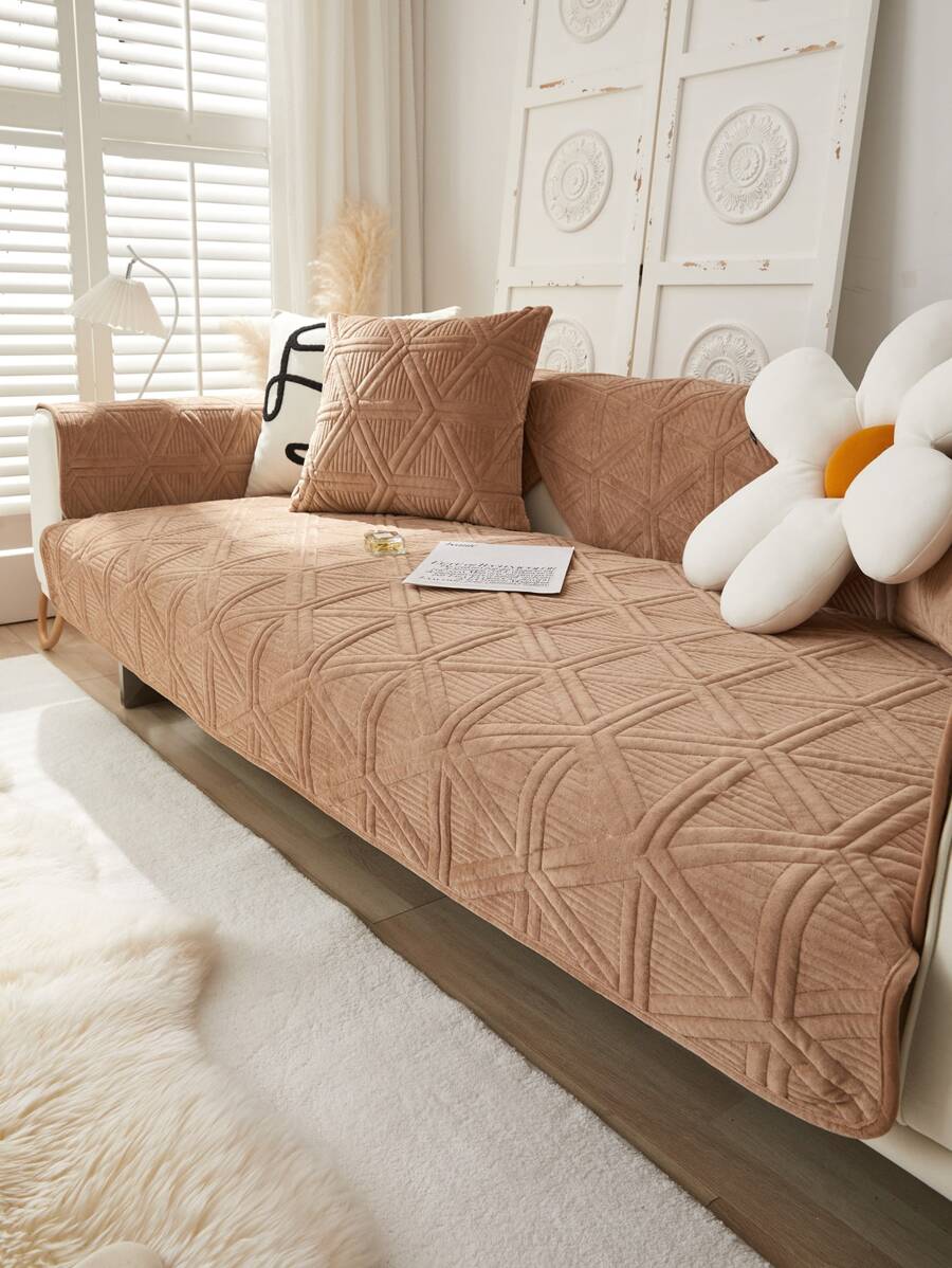 1pc Geometric Textured Sofa Towel & 1pc Cushion Cover Without Filler - Camel - View 1