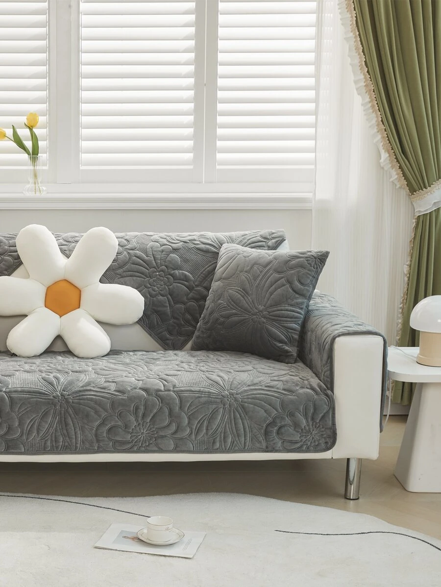 1入組花卉刺繡沙發巾和1入組靠墊套不附帶墊芯 - 深灰色 - 查看 1