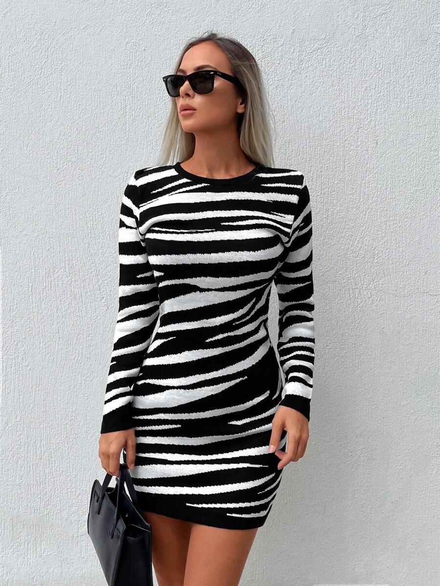 EURMUSE Zebra Striped Pattern Bodycon Jumper Dress - Black and White - View 1