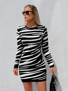 EURMUSE Zebra Striped Pattern Bodycon Jumper Dress - Black and White - View 4