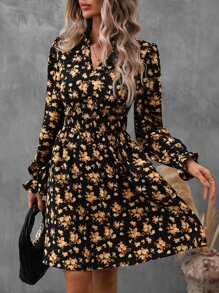 SHEIN LUNE 滿版印花荷葉袖腰部打褶洋裝 - 彩色 - 查看 3