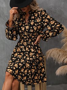 SHEIN LUNE 滿版印花荷葉袖腰部打褶洋裝 - 彩色 - 查看 4