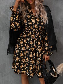 SHEIN LUNE 滿版印花荷葉袖腰部打褶洋裝 - 彩色 - 查看 5