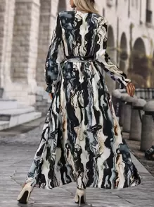 SHEIN LUNE All Over Print Belted Flounce Sleeve A Line Dress Maxi Women Outfit Fall Cloth For Women - Multicolor - View 2
