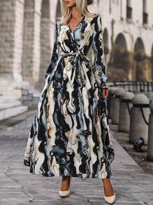 SHEIN LUNE All Over Print Belted Flounce Sleeve A Line Dress Maxi Women Outfit Fall Cloth For Women - Multicolor - View 3
