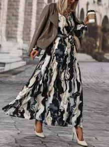 SHEIN LUNE All Over Print Belted Flounce Sleeve A Line Dress Maxi Women Outfit Fall Cloth For Women - Multicolor - View 4
