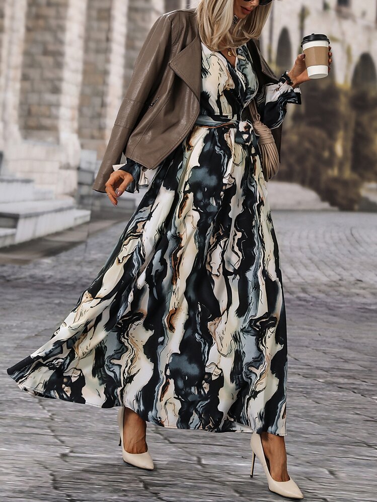 SHEIN LUNE Robe longue évasée à manches à volants avec ceinture, imprimé tout-sur-tout, tenue pour femmes, vêtement d'automne pour femmes - Multicolore - Voir 4