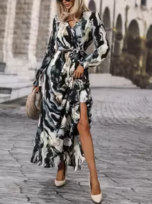 SHEIN LUNE All Over Print Belted Flounce Sleeve A Line Dress Maxi Women Outfit Fall Cloth For Women - Multicolor - View 5