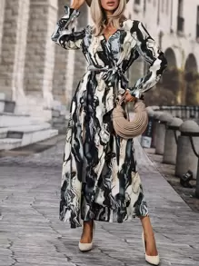 SHEIN LUNE All Over Print Belted Flounce Sleeve A Line Dress Maxi Women Outfit Fall Cloth For Women - Multicolor - View 6