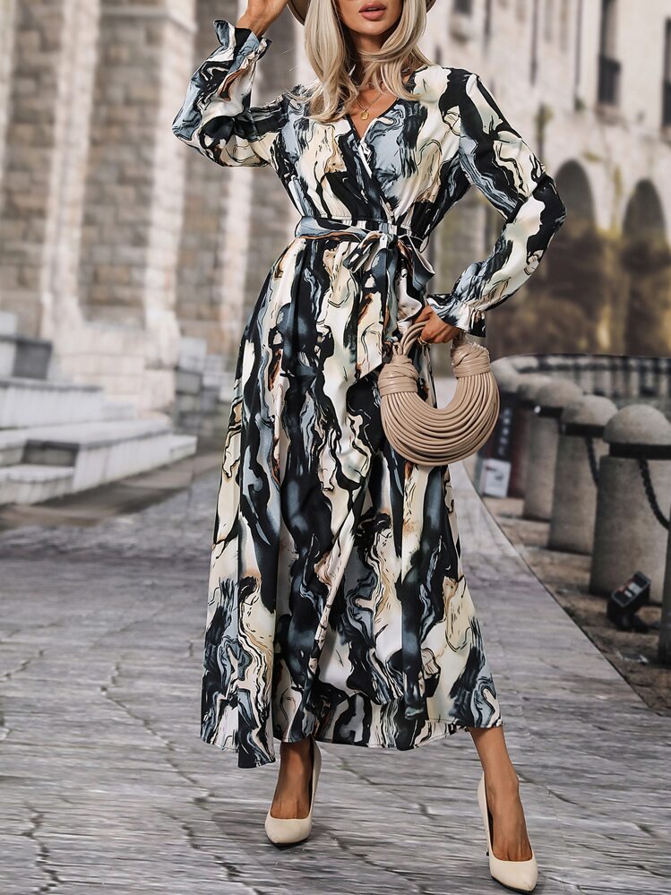SHEIN LUNE Robe longue évasée à manches à volants avec ceinture, imprimé tout-sur-tout, tenue pour femmes, vêtement d'automne pour femmes - Multicolore - Voir 6