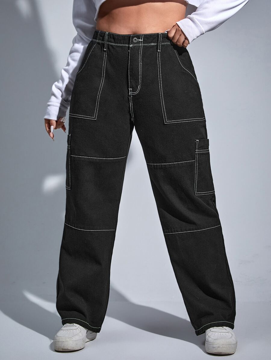 SHEIN ICON Plus Top-stitching Wide Leg Jeans - Black - View 1