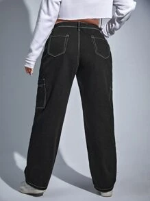 SHEIN ICON Plus Top-stitching Wide Leg Jeans - Black - View 2