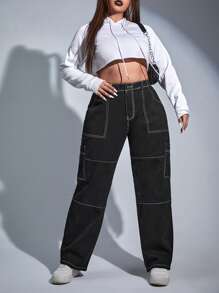 SHEIN ICON Plus Top-stitching Wide Leg Jeans - Black - View 3