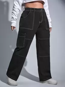 SHEIN ICON Plus Top-stitching Wide Leg Jeans - Black - View 4