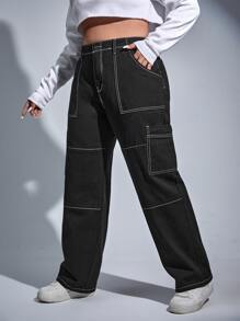 SHEIN ICON Plus Top-stitching Wide Leg Jeans - Black - View 5