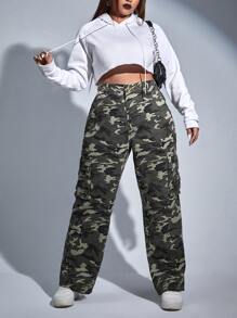 SHEIN EZwear Plus Camo Print Cargo Jeans - Multicolor - View 3