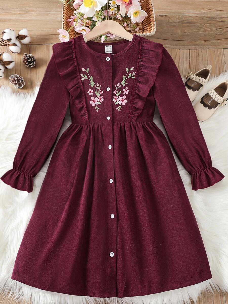 Tween Girl Floral Embroidery Ruffle Trim Flounce Sleeve Dress - Maroon - View 1